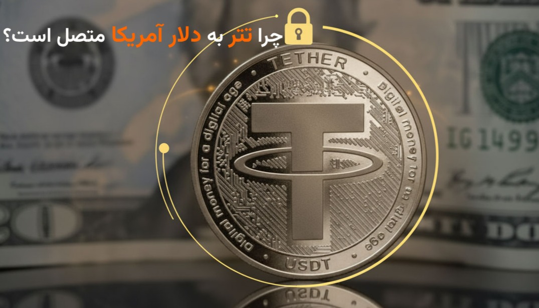 سکه Tether (USDT) در پس‌زمینه یک اسکناس 20 دلاری آمریکا. سکه دارای نماد قفل امنیتی و هاله طلایی دیجیتال است که نشان‌دهنده اتصال تتر به عنوان پول دیجیتال امن به دلار آمریکا است.