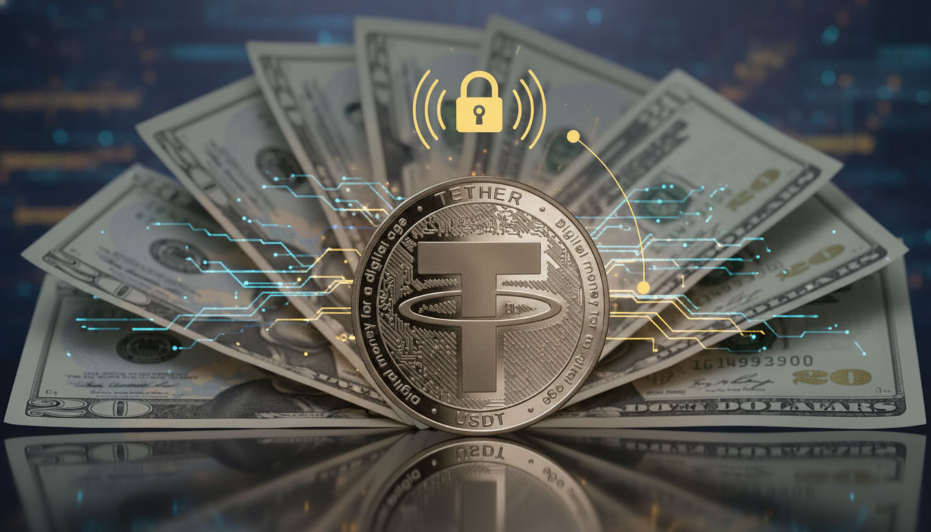 سکه Tether (USDT) که روی چندین اسکناس ۲۰ دلاری آمریکا قرار گرفته است. یک قفل امنیتی و مدارهای دیجیتال به رنگ طلایی، اتصال امن و پشتوانه دیجیتالی تتر به دلار را نشان می‌دهند.