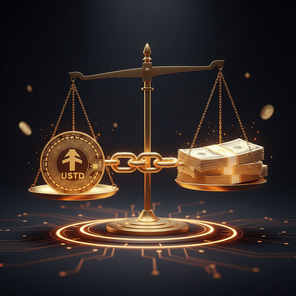 تصویر تبلیغاتی با پس‌زمینه تیره و نورهای نارنجی/طلایی، یک نماد بزرگ دلار (dollar sign) در مرکز، یک دسته اسکناس دلار در پایین، و یک زنجیر طلایی با کلمه 